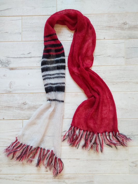 Handmade Mohair Silk Scarf: Red, White & Black Fringe