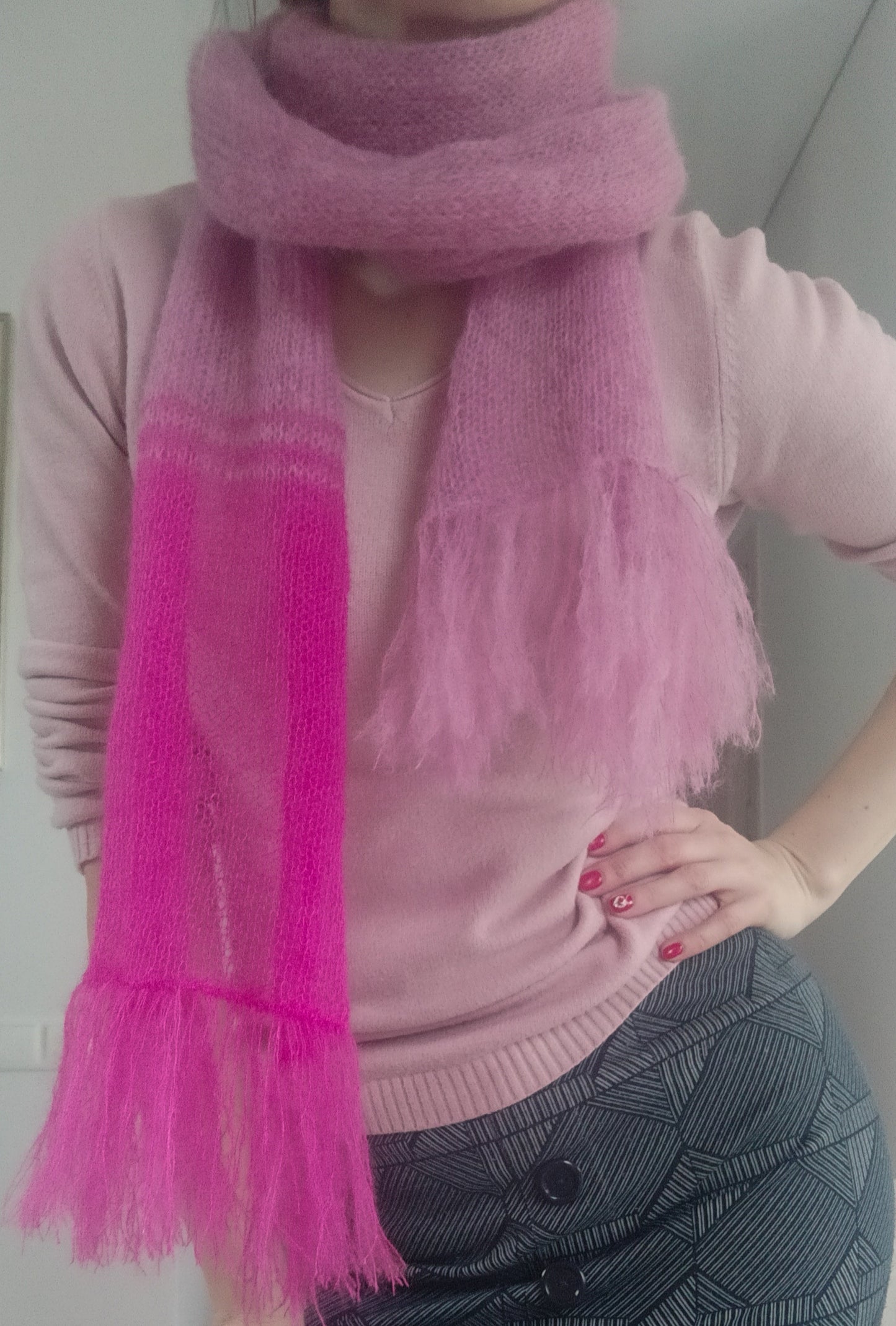 Stylish Colorful Warm Scarf Long Soft Fringe Pink colors mix Mohair and Silk High Quality Yarn