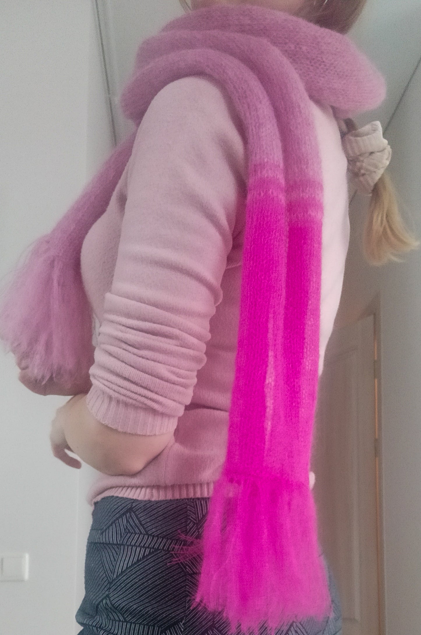 Stylish Colorful Warm Scarf Long Soft Fringe Pink colors mix Mohair and Silk High Quality Yarn