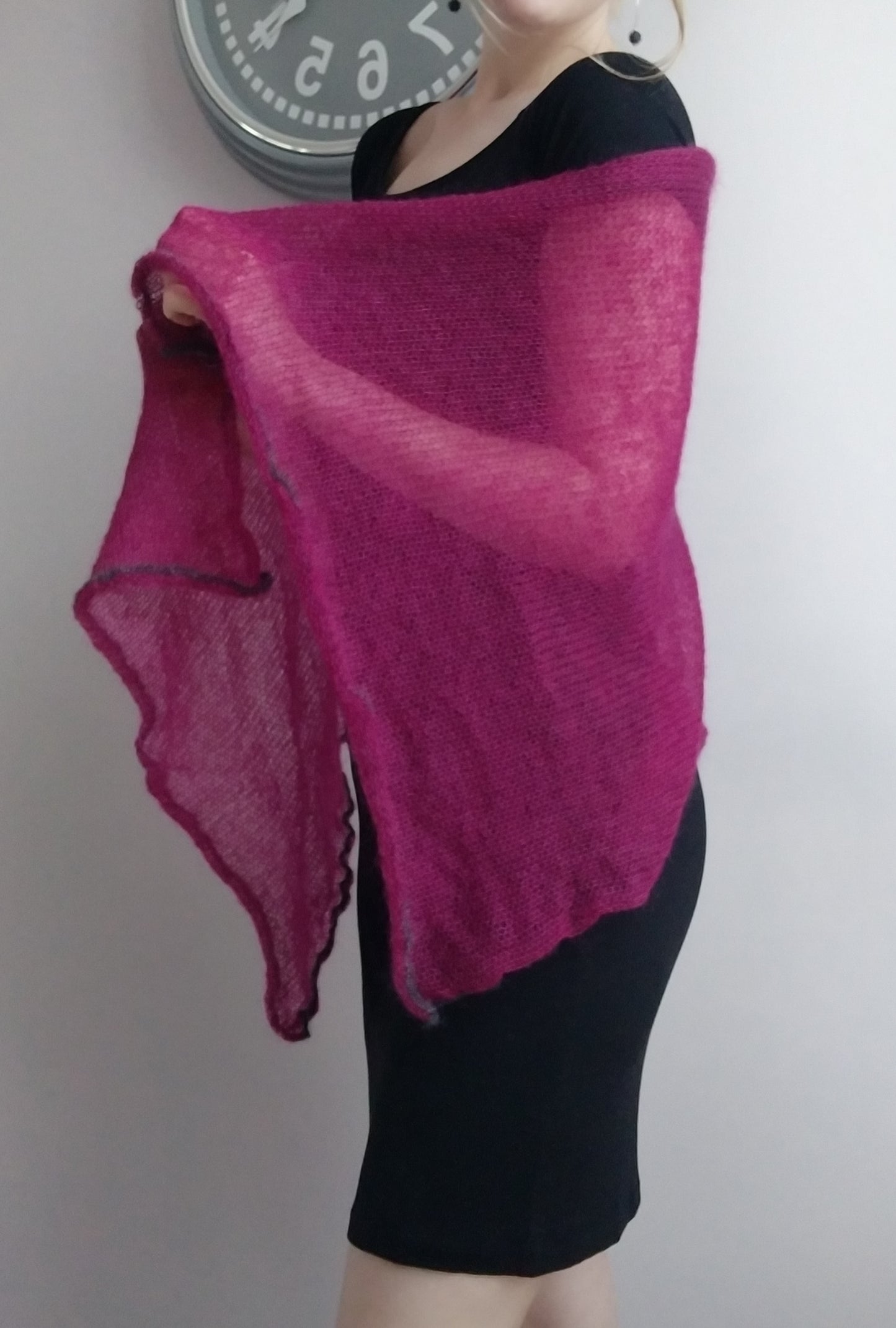 Burgundy mohair and silk scarf, decorative dark gray edge, Elegant scarf, Soft Shawl, Transparent Light-weight shawl