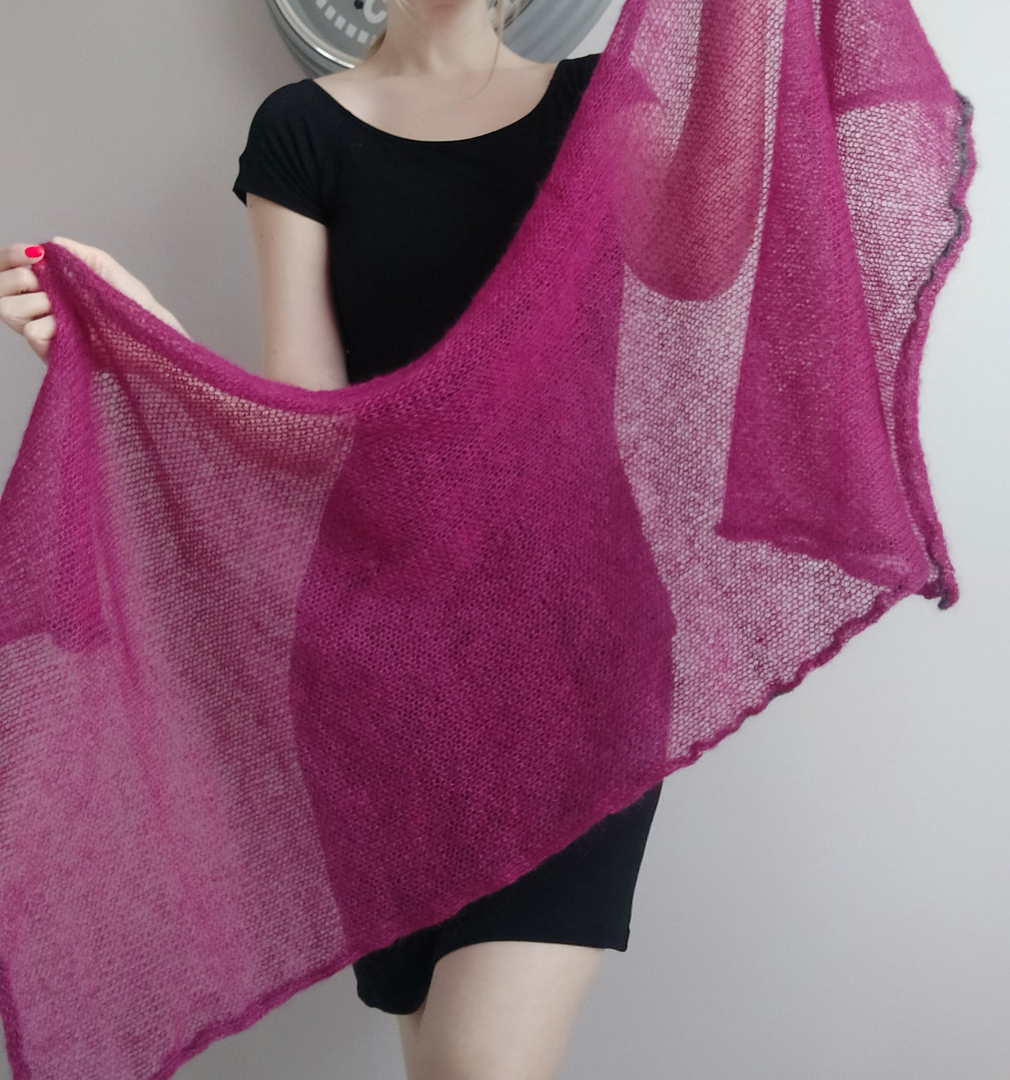 Burgundy mohair and silk scarf, decorative dark gray edge, Elegant scarf, Soft Shawl, Transparent Light-weight shawl