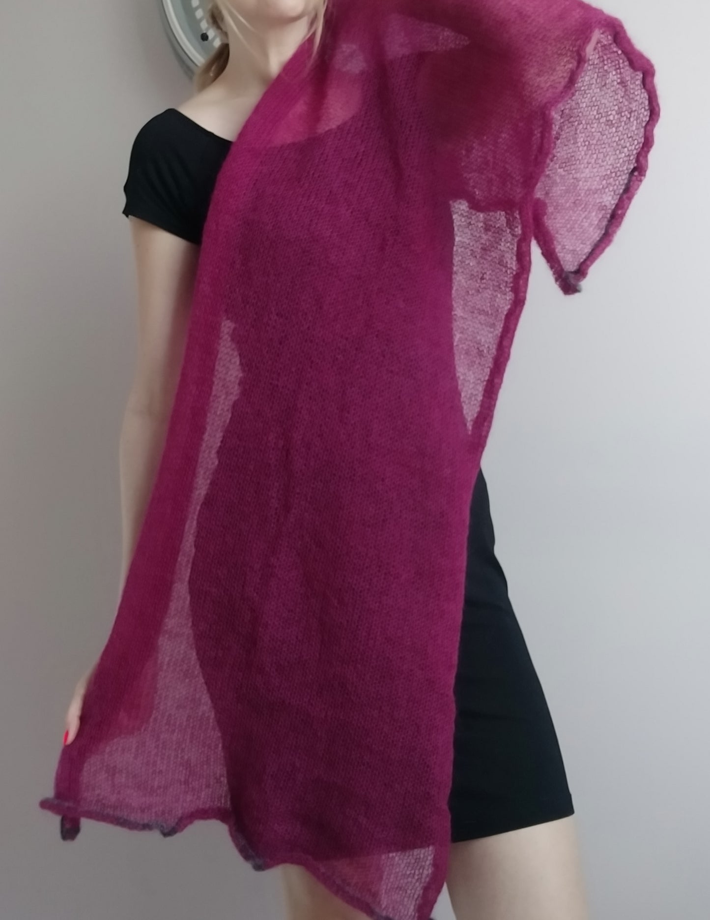 Burgundy mohair and silk scarf, decorative dark gray edge, Elegant scarf, Soft Shawl, Transparent Light-weight shawl