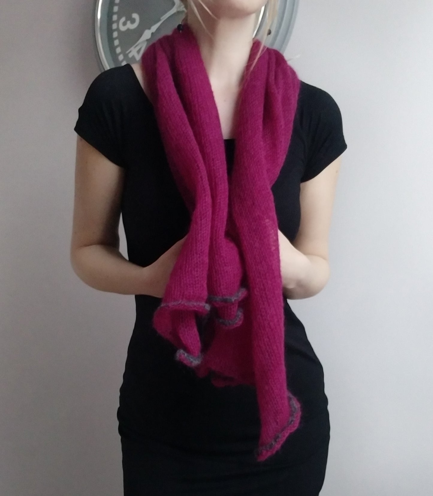 Burgundy mohair and silk scarf, decorative dark gray edge, Elegant scarf, Soft Shawl, Transparent Light-weight shawl