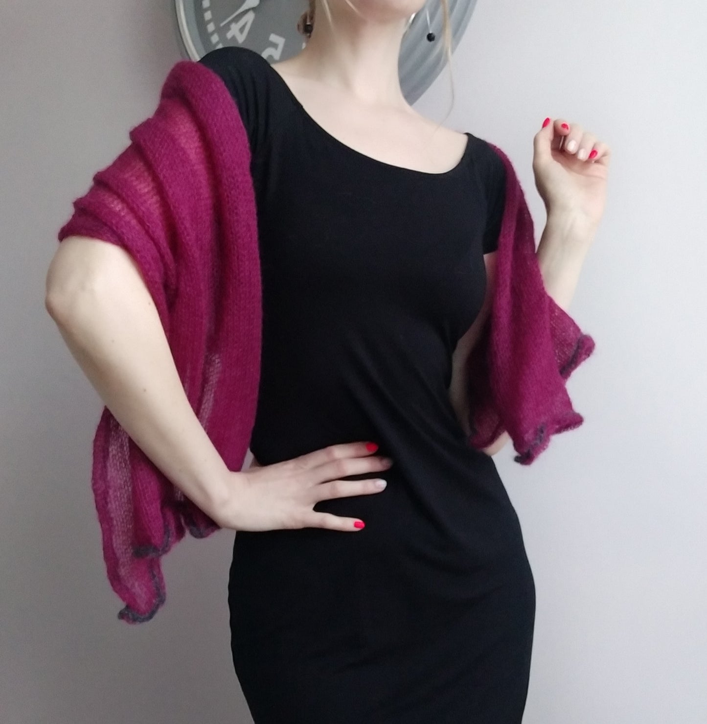 Burgundy mohair and silk scarf, decorative dark gray edge, Elegant scarf, Soft Shawl, Transparent Light-weight shawl