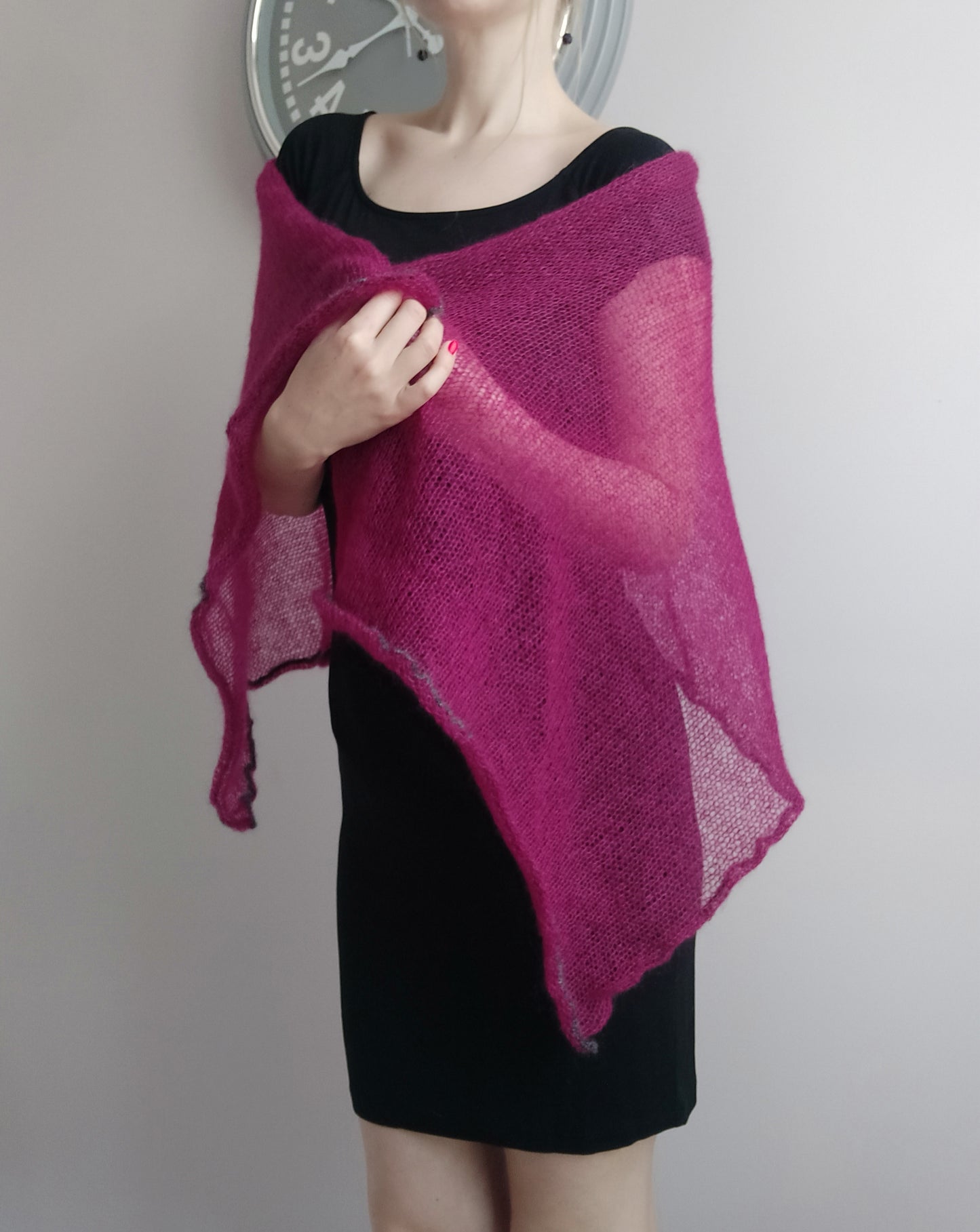Burgundy mohair and silk scarf, decorative dark gray edge, Elegant scarf, Soft Shawl, Transparent Light-weight shawl