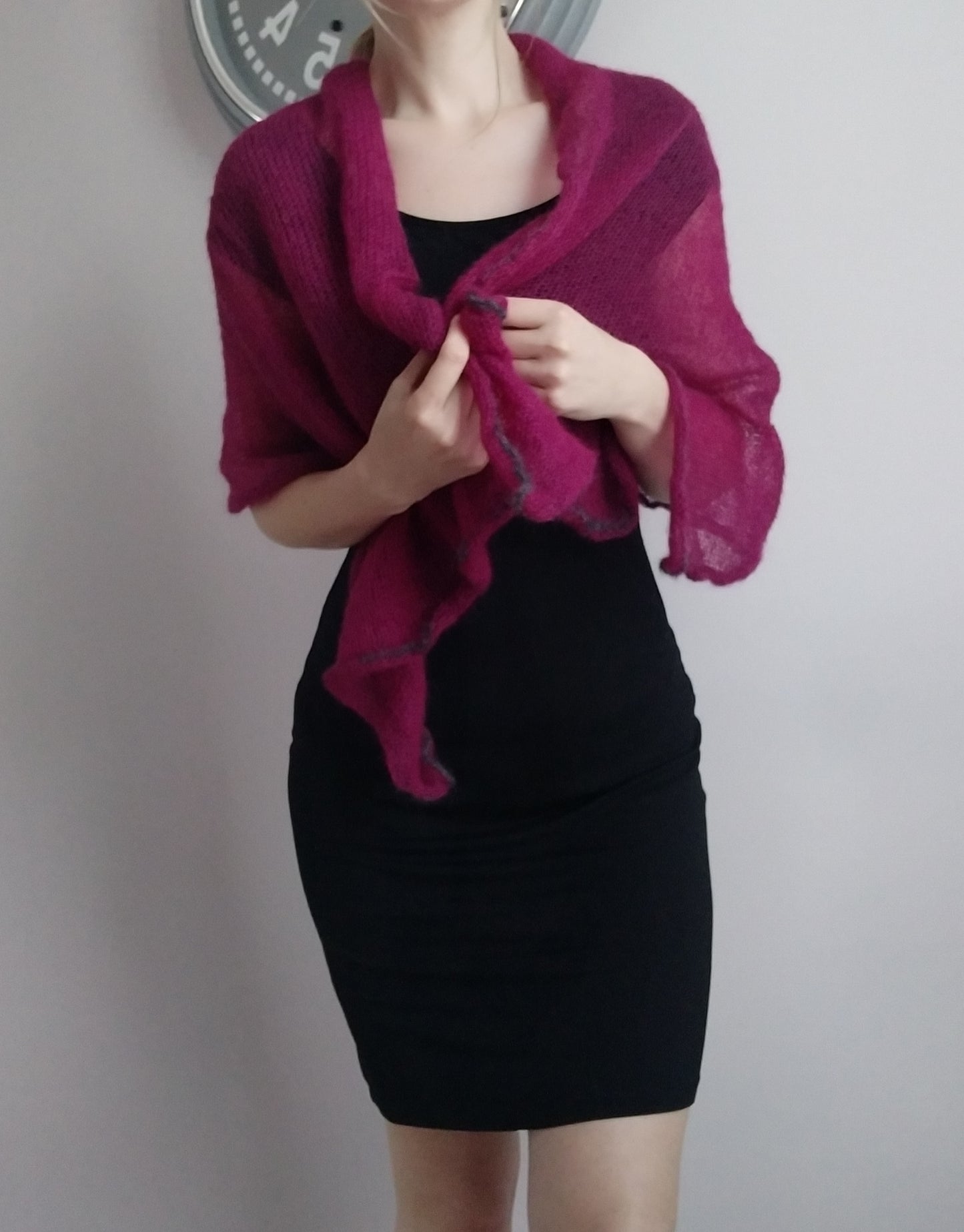 Burgundy mohair and silk scarf, decorative dark gray edge, Elegant scarf, Soft Shawl, Transparent Light-weight shawl