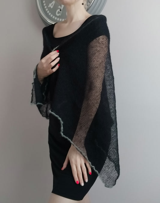 Black mohair scarf, gray decorative edge, elegant shawl, warm scarf, soft mohair, gift for her, non-itchy knitted scarfs, lightweight