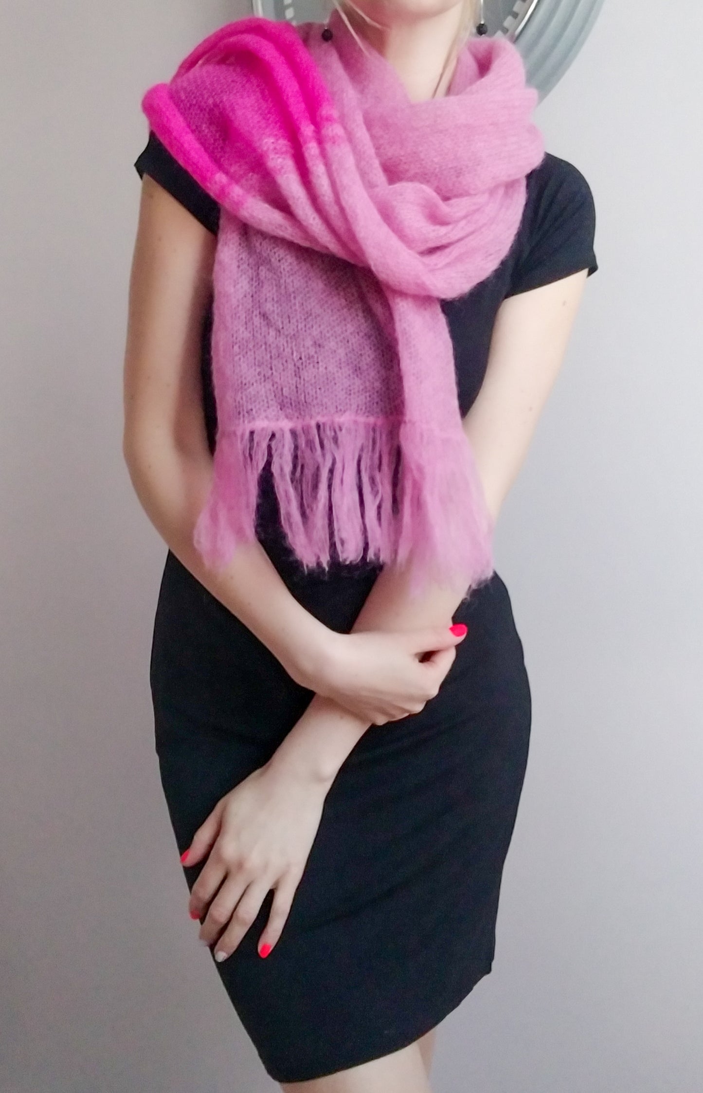 Stylish Colorful Warm Scarf Long Soft Fringe Pink colors mix Mohair and Silk High Quality Yarn