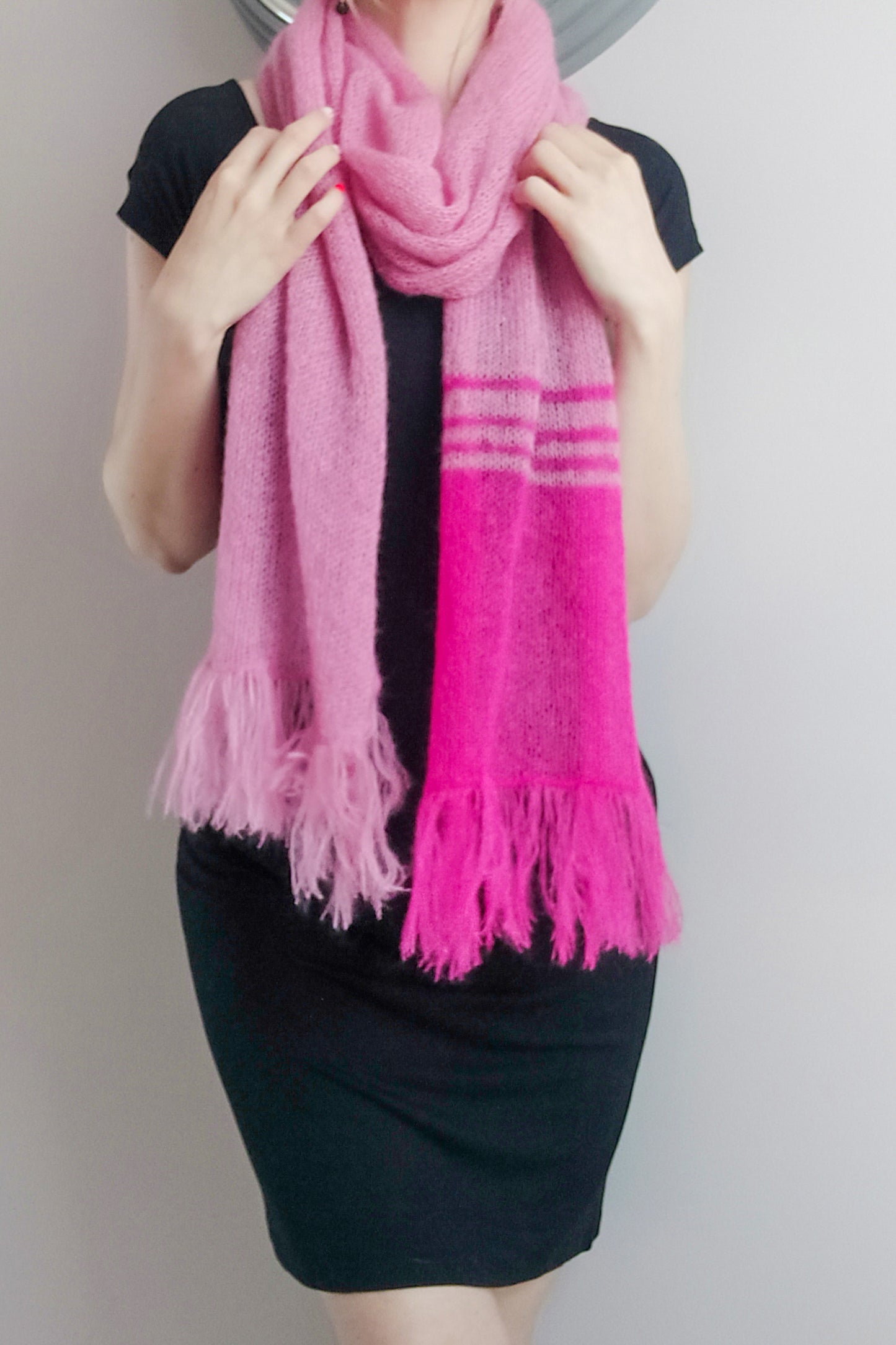 Stylish Colorful Warm Scarf Long Soft Fringe Pink colors mix Mohair and Silk High Quality Yarn