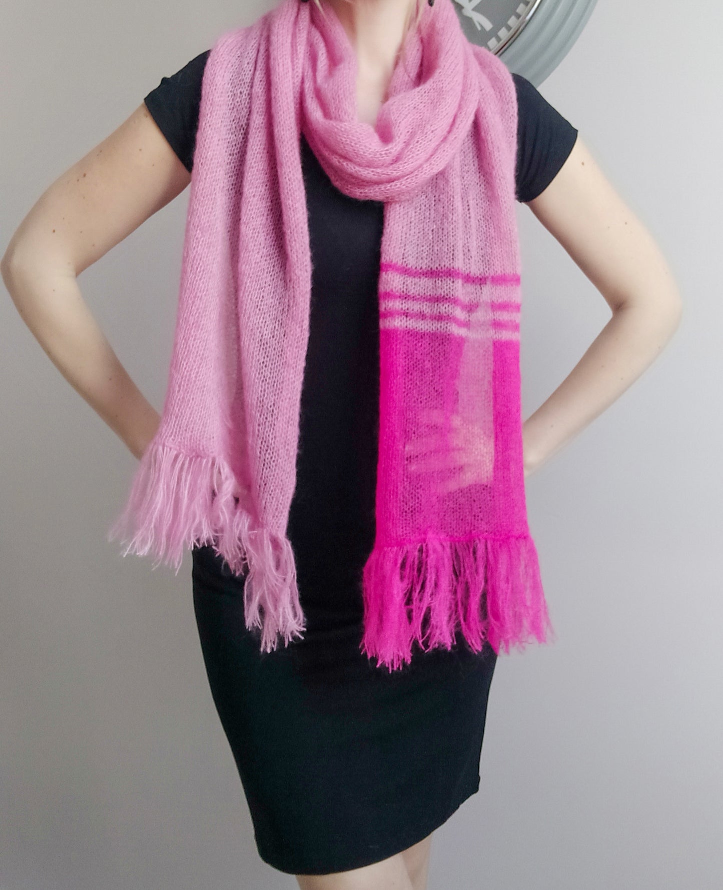 Stylish Colorful Warm Scarf Long Soft Fringe Pink colors mix Mohair and Silk High Quality Yarn