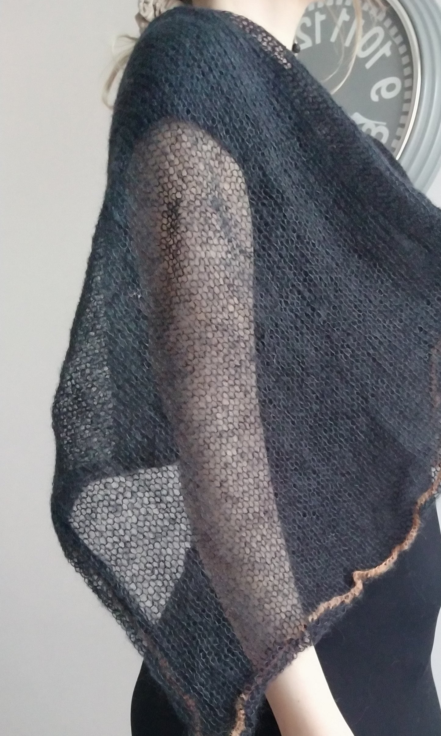Black Mohair Shawl: Lightweight Knitted Scarf with Orange Edge