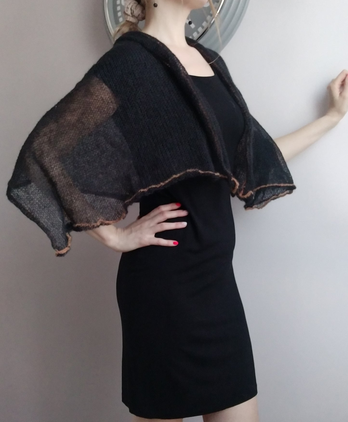 Black Mohair Shawl: Lightweight Knitted Scarf with Orange Edge