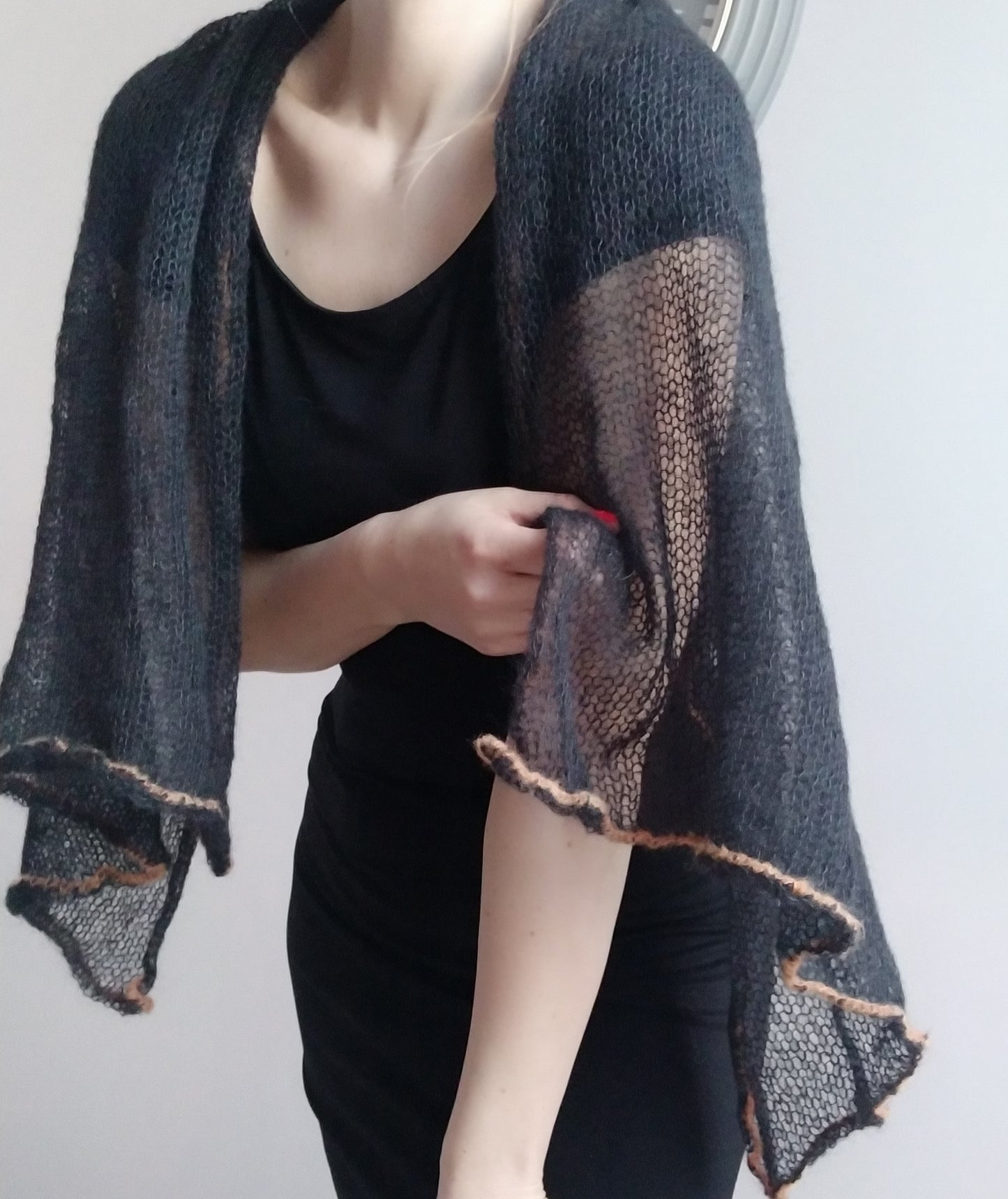 Black Mohair Shawl: Lightweight Knitted Scarf with Orange Edge