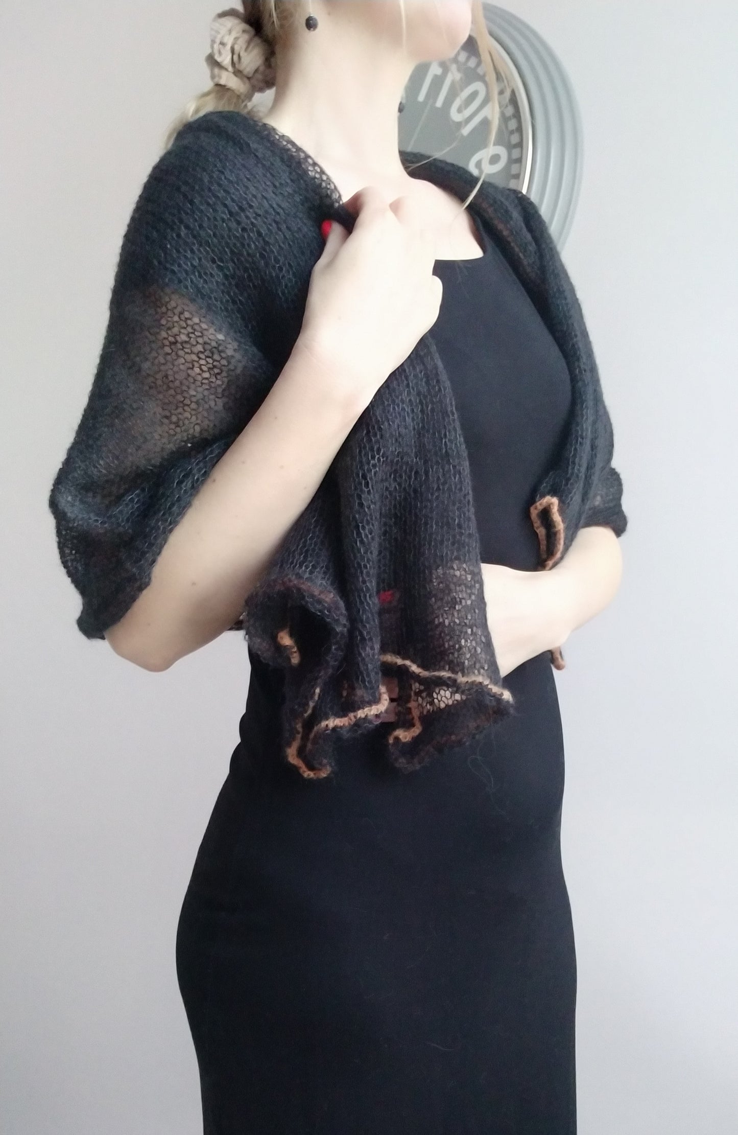 Black Mohair Shawl: Lightweight Knitted Scarf with Orange Edge