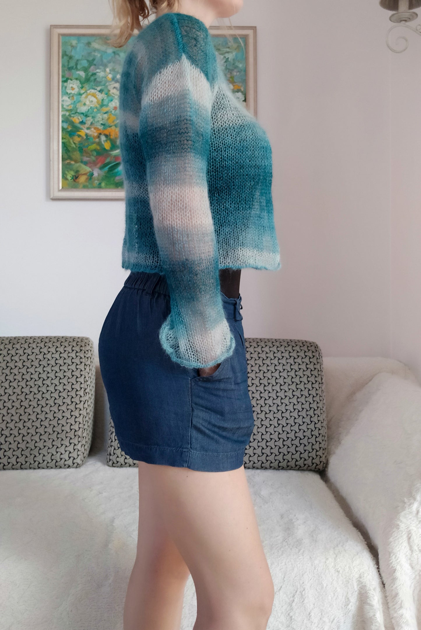 Transparent Lightweight Soft Mohair and Silk Cardigan: Hook-and-eye closure, XS-S-M size