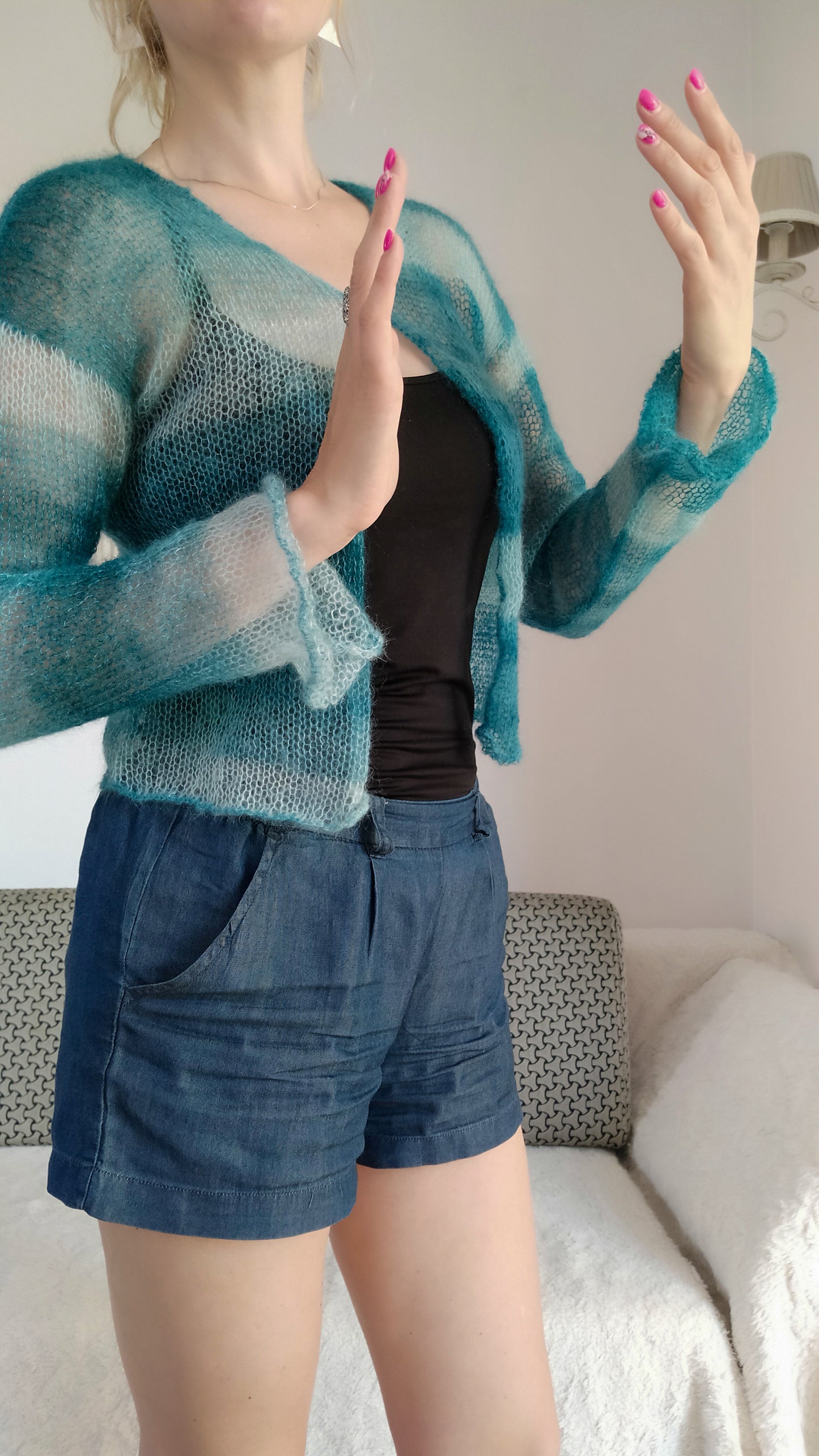 Transparent Lightweight Soft Mohair and Silk Cardigan: Hook-and-eye closure, XS-S-M size