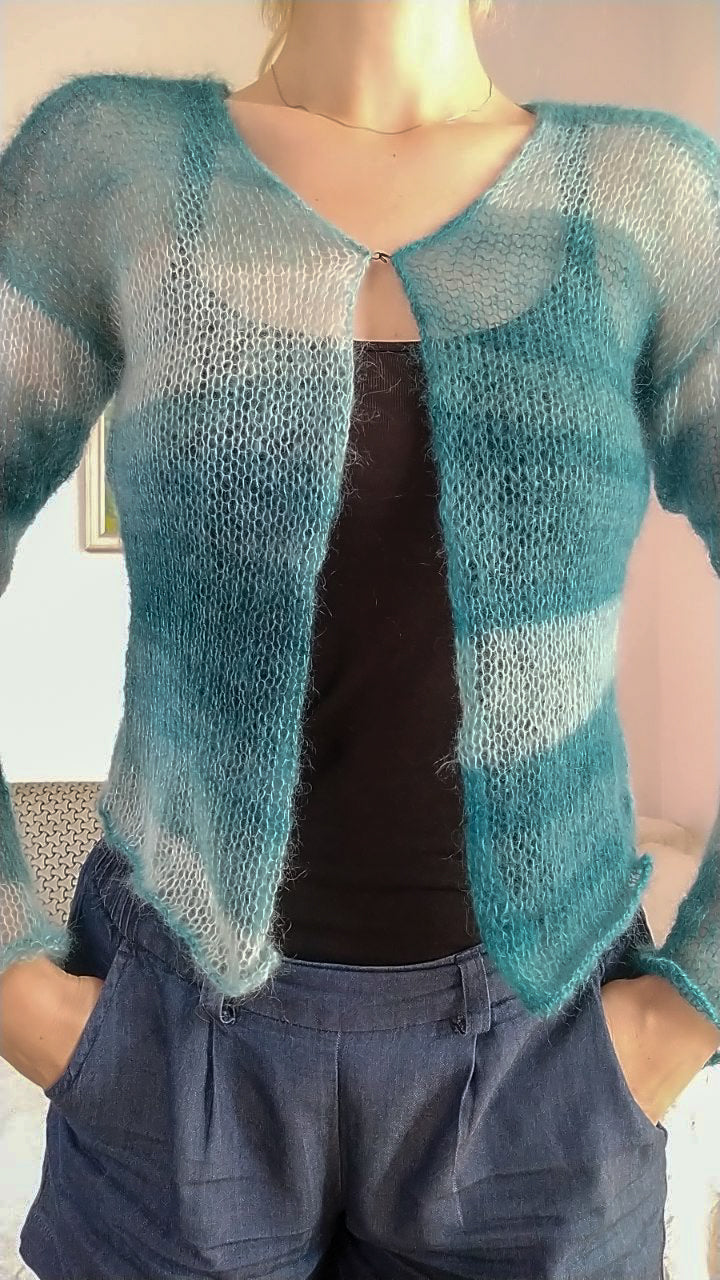 Transparent Lightweight Soft Mohair and Silk Cardigan: Hook-and-eye closure, XS-S-M size