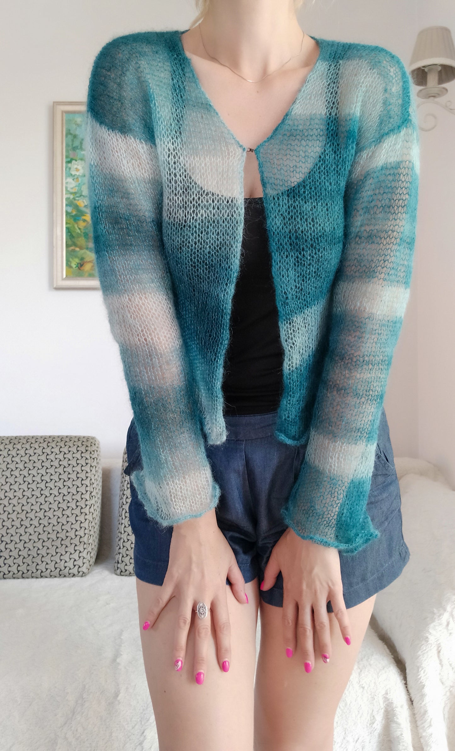 Transparent Lightweight Soft Mohair and Silk Cardigan: Hook-and-eye closure, XS-S-M size