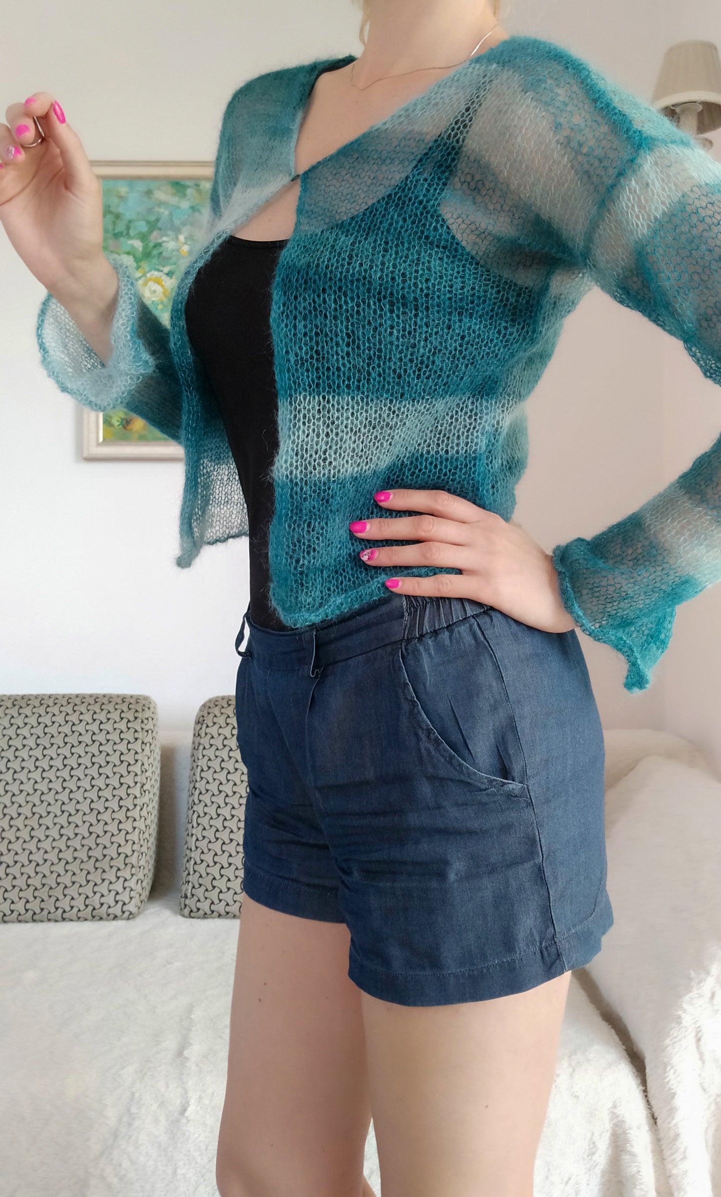 Transparent Lightweight Soft Mohair and Silk Cardigan: Hook-and-eye closure, XS-S-M size