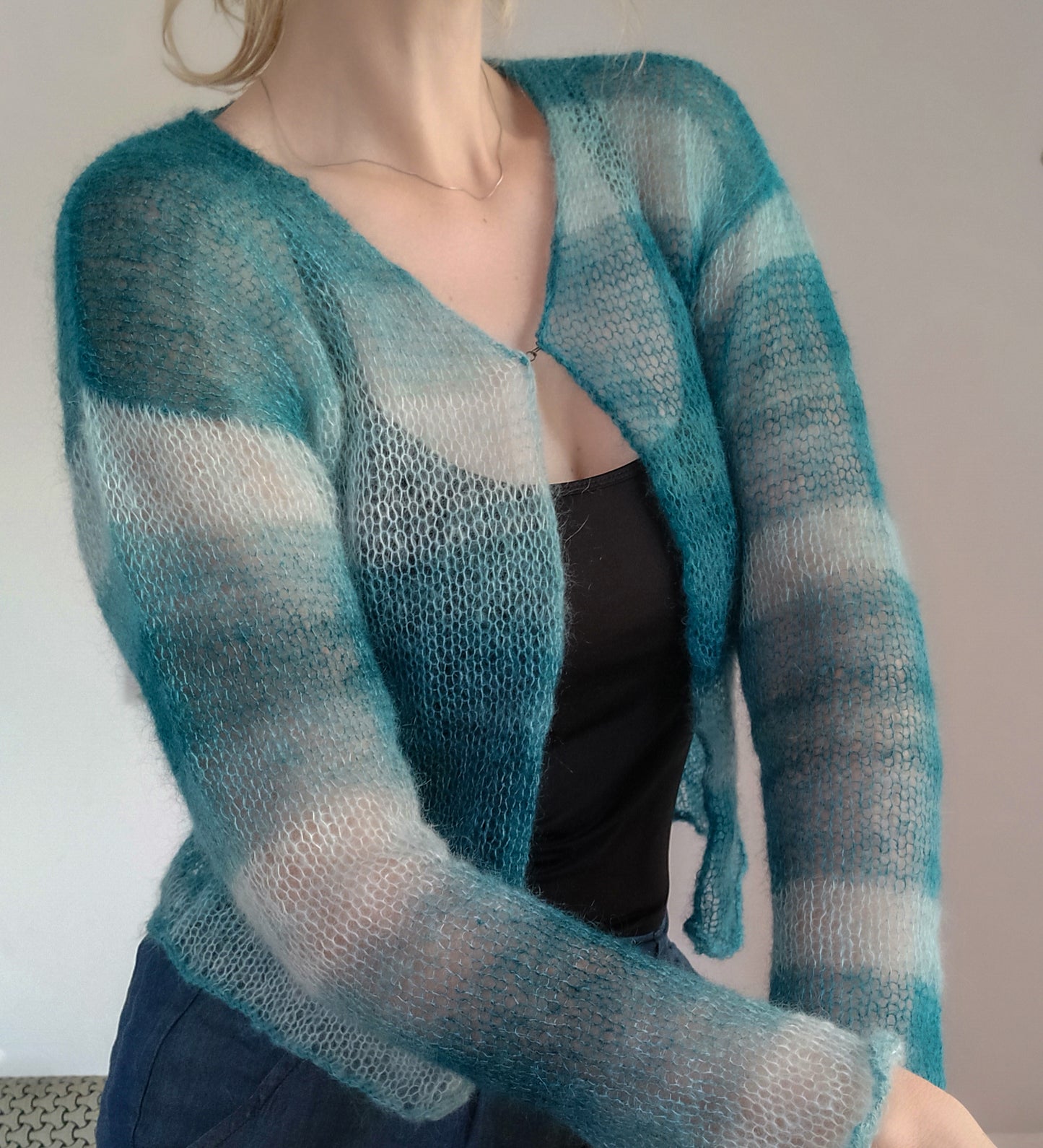 Transparent Lightweight Soft Mohair and Silk Cardigan: Hook-and-eye closure, XS-S-M size