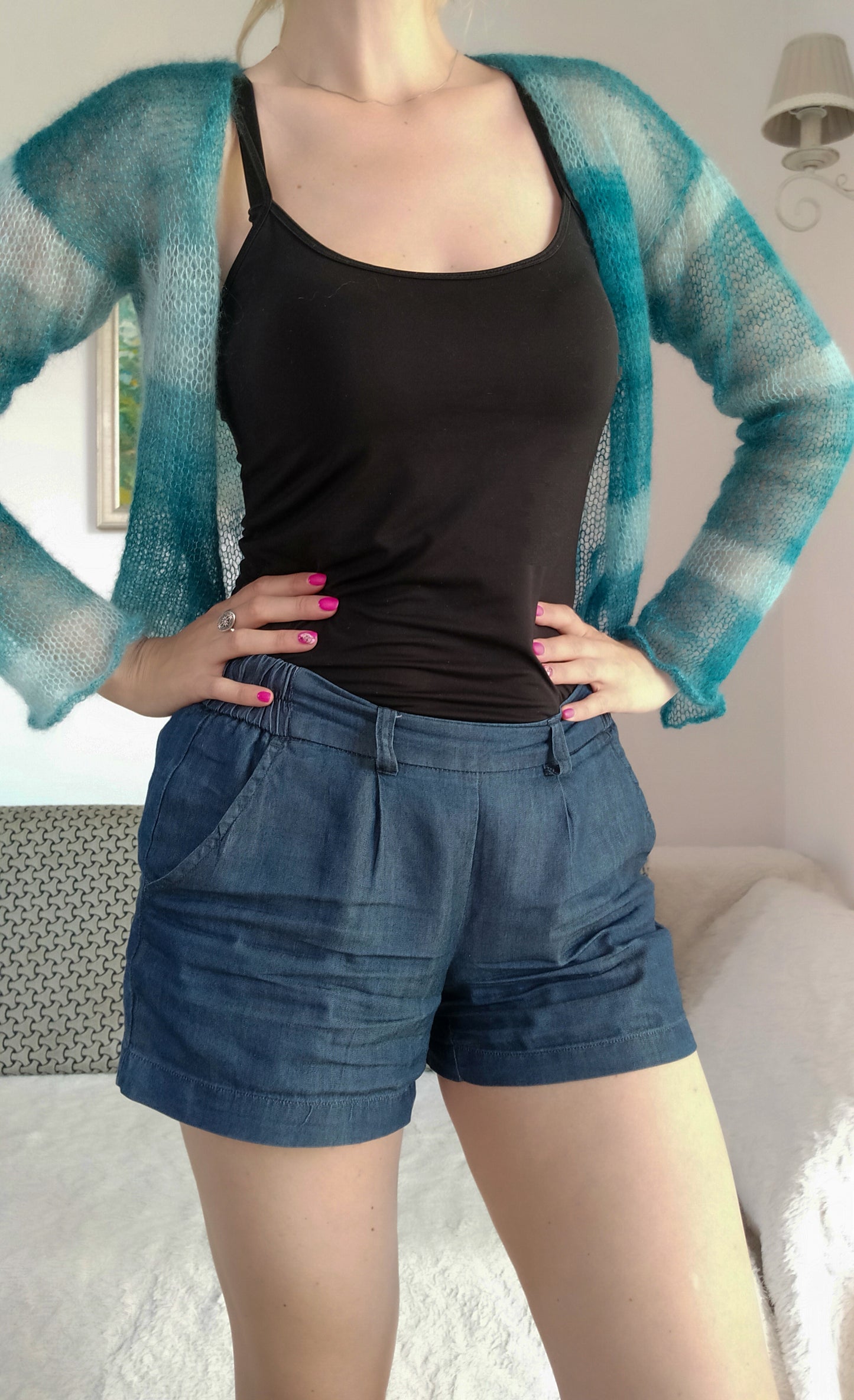 Transparent Lightweight Soft Mohair and Silk Cardigan: Hook-and-eye closure, XS-S-M size