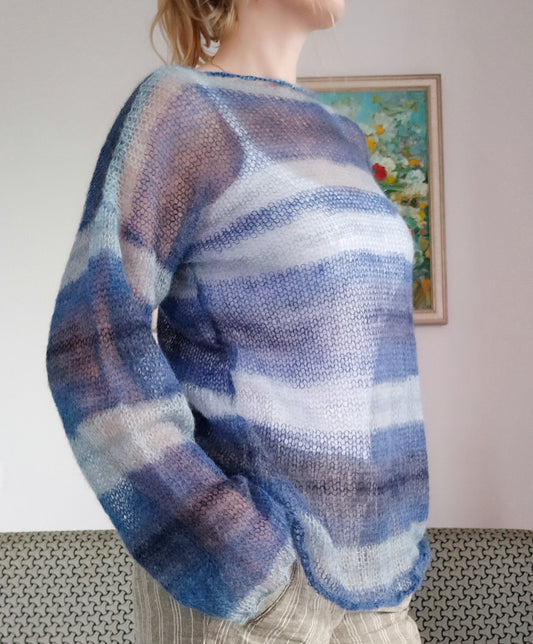 Blue Striped Mohair Silk Sweater: Lightweight Breathable Knit Top M-L