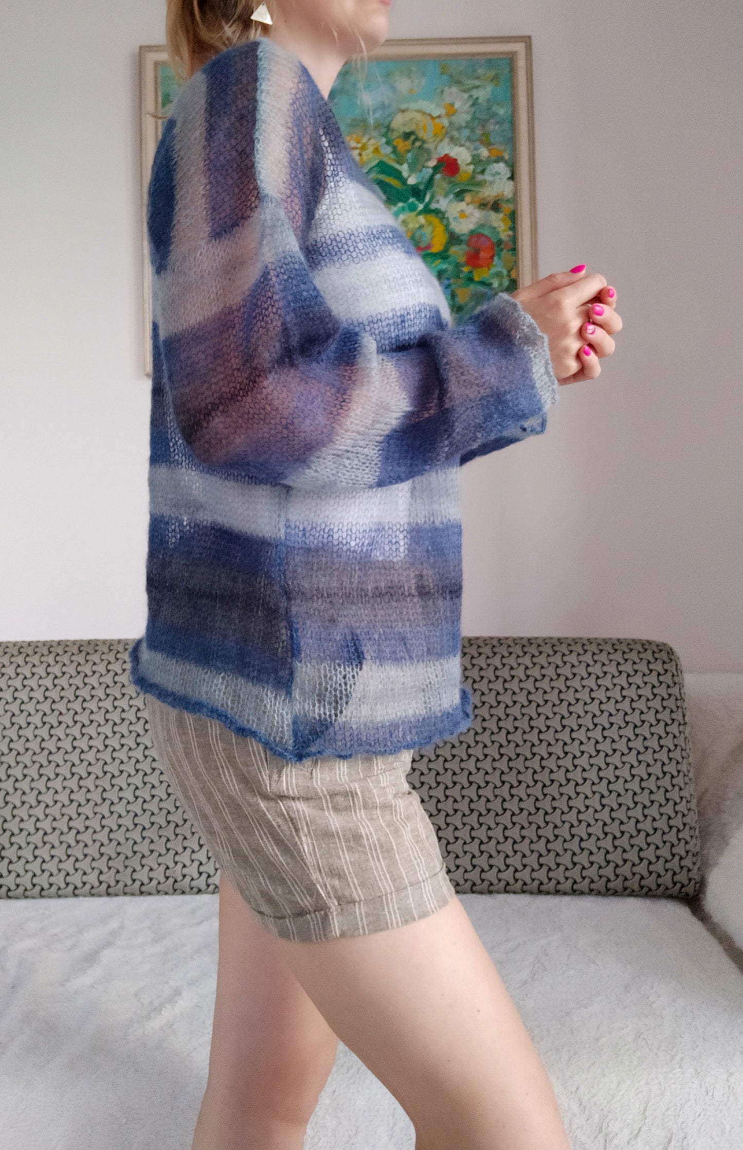 Blue Striped Mohair Silk Sweater: Lightweight Breathable Knit Top M-L