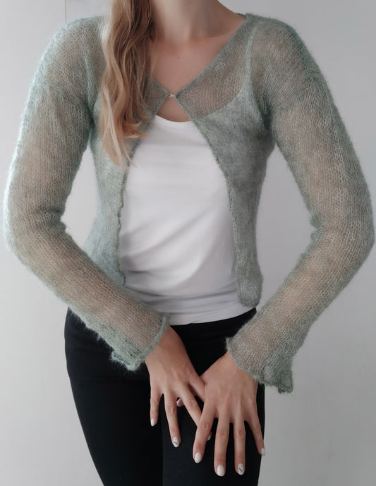 Sage Green Mohair Silk Cardigan: Lightweight Knit Shrug, XS-S-M