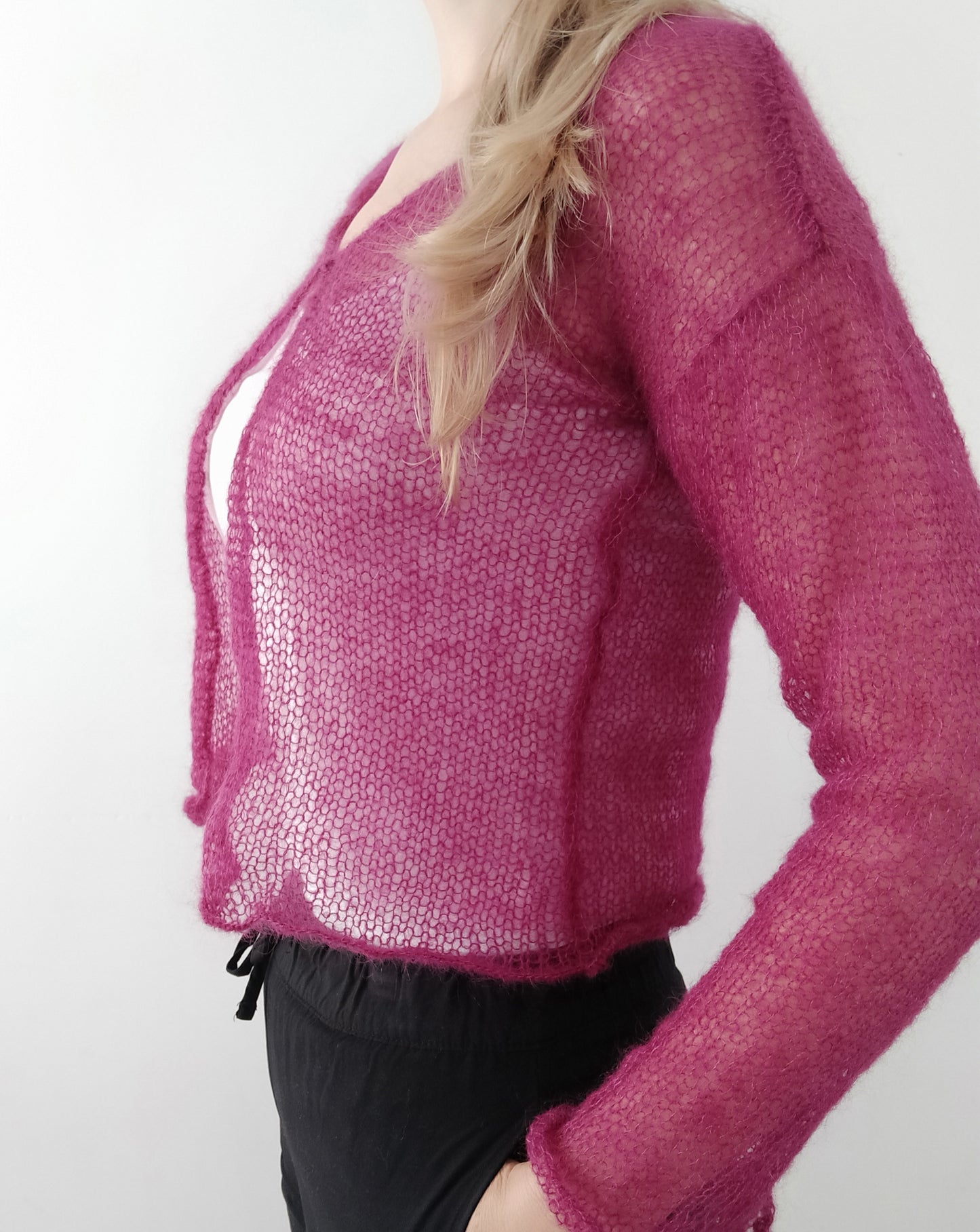 Transparent Lightweight Soft Fuchsia Purple NON-ITCHY Mohair&Silk Cardigan easy Hook and eye closure S-M size