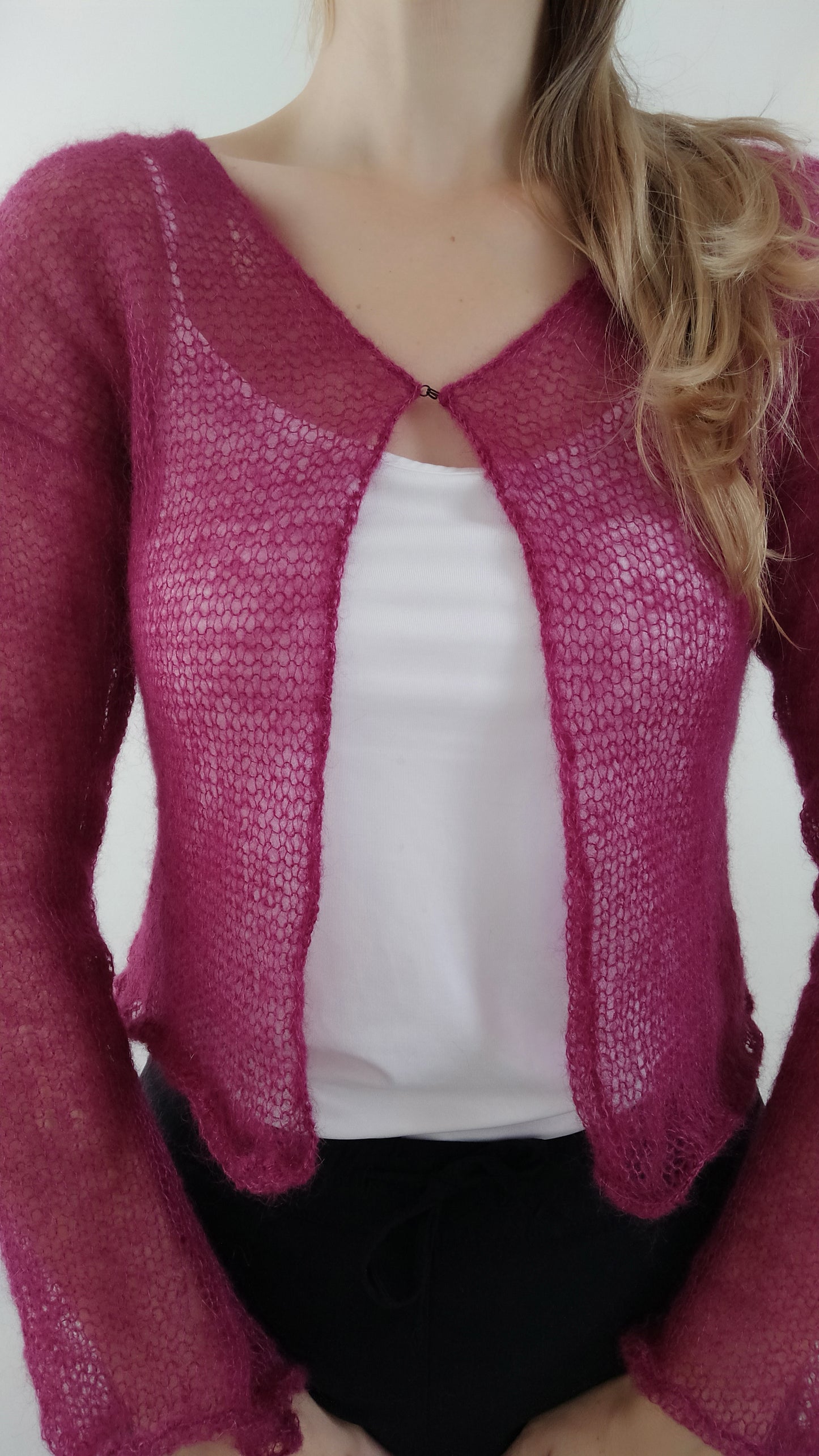 Transparent Lightweight Soft Fuchsia Purple NON-ITCHY Mohair&Silk Cardigan easy Hook and eye closure S-M size