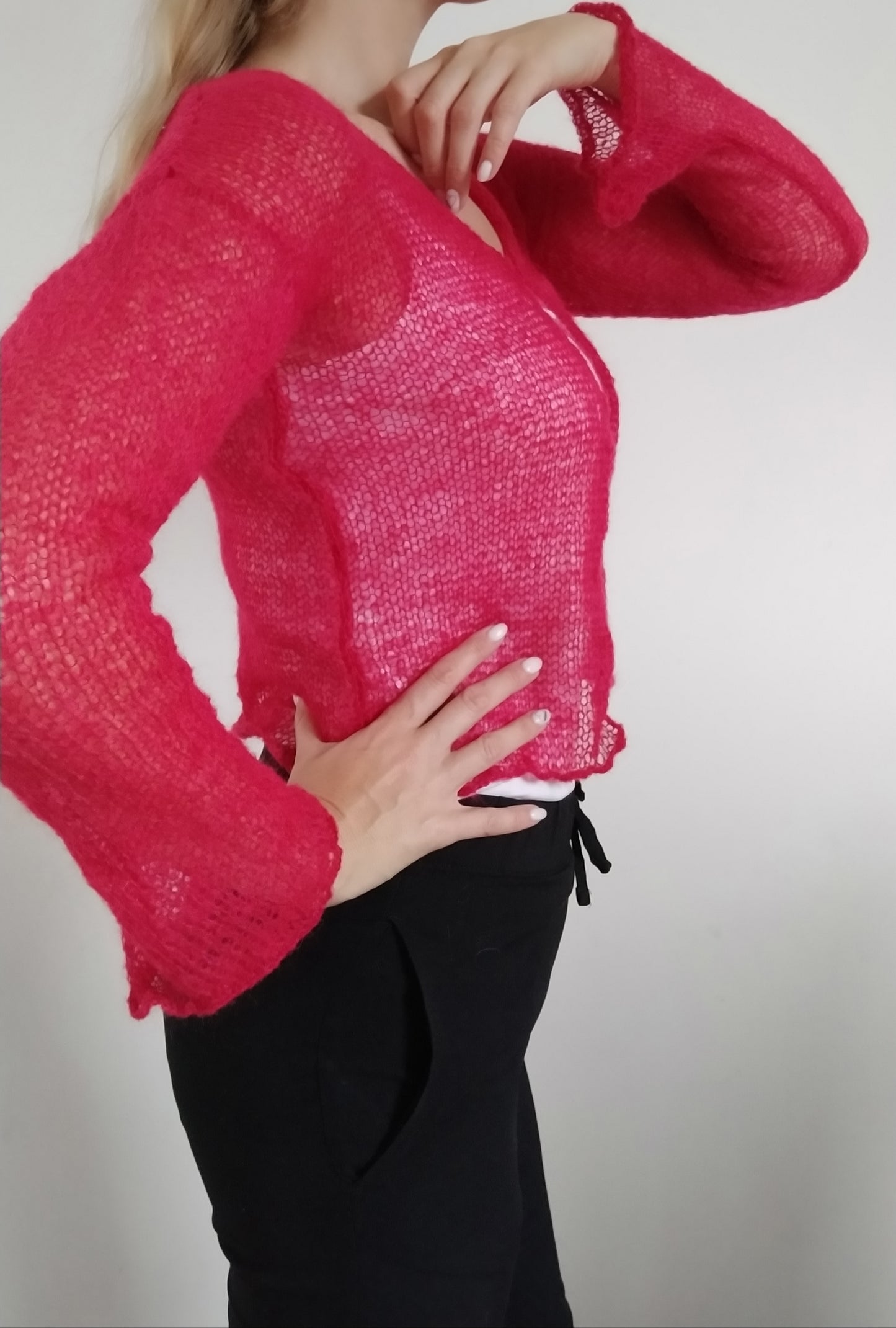 Transparent Lightweight Soft Red NON-ITCHY Mohair Cardigan Hook and eye closure XS-S-M size