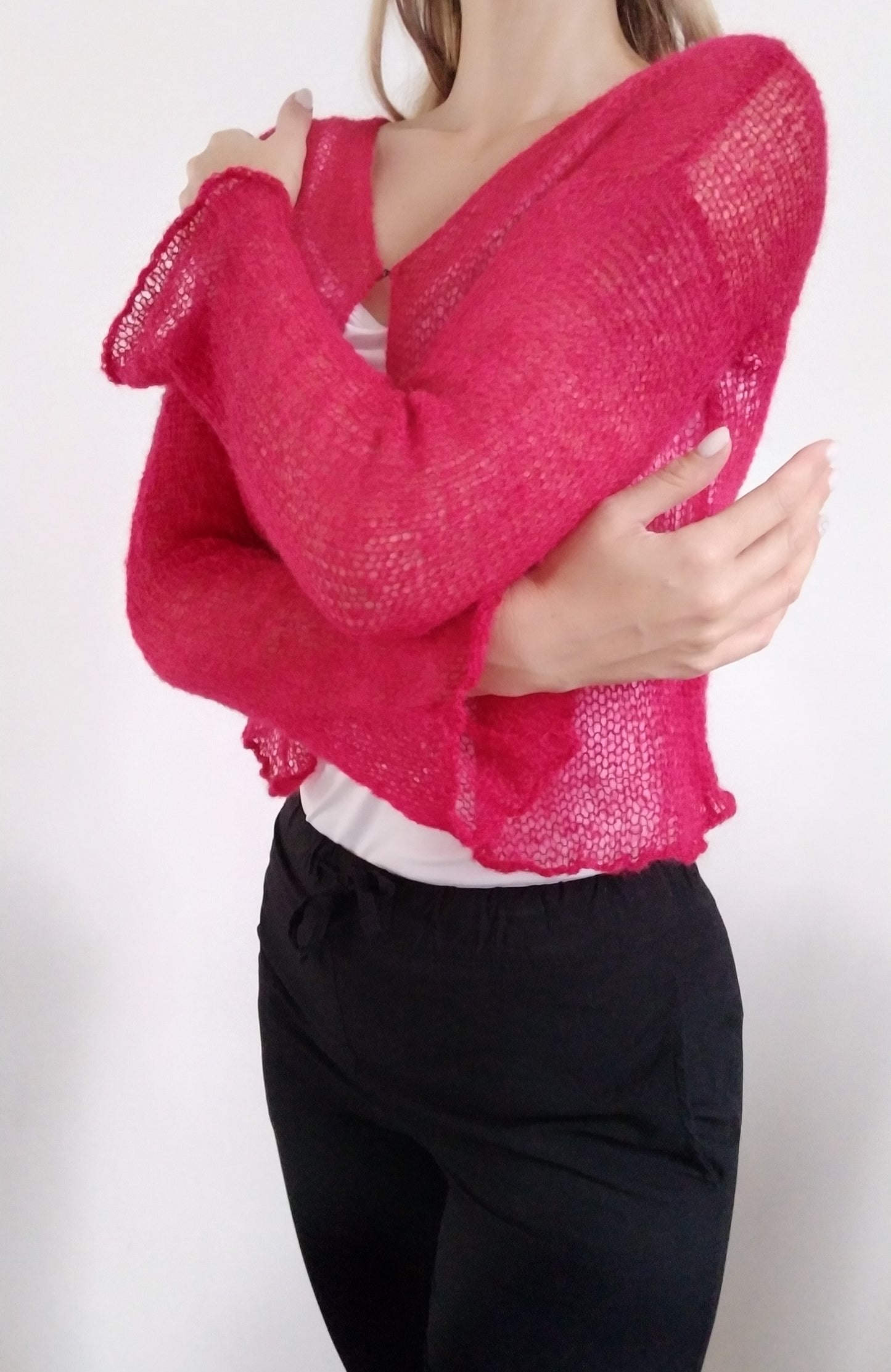 Transparent Lightweight Soft Red NON-ITCHY Mohair Cardigan Hook and eye closure XS-S-M size
