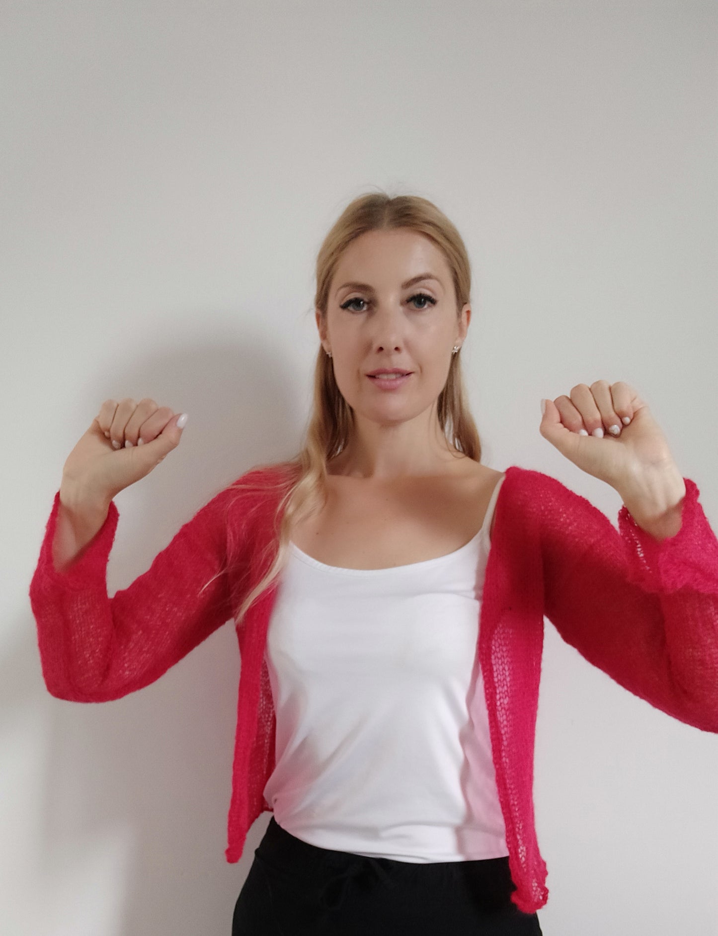 Transparent Lightweight Soft Red NON-ITCHY Mohair Cardigan Hook and eye closure XS-S-M size