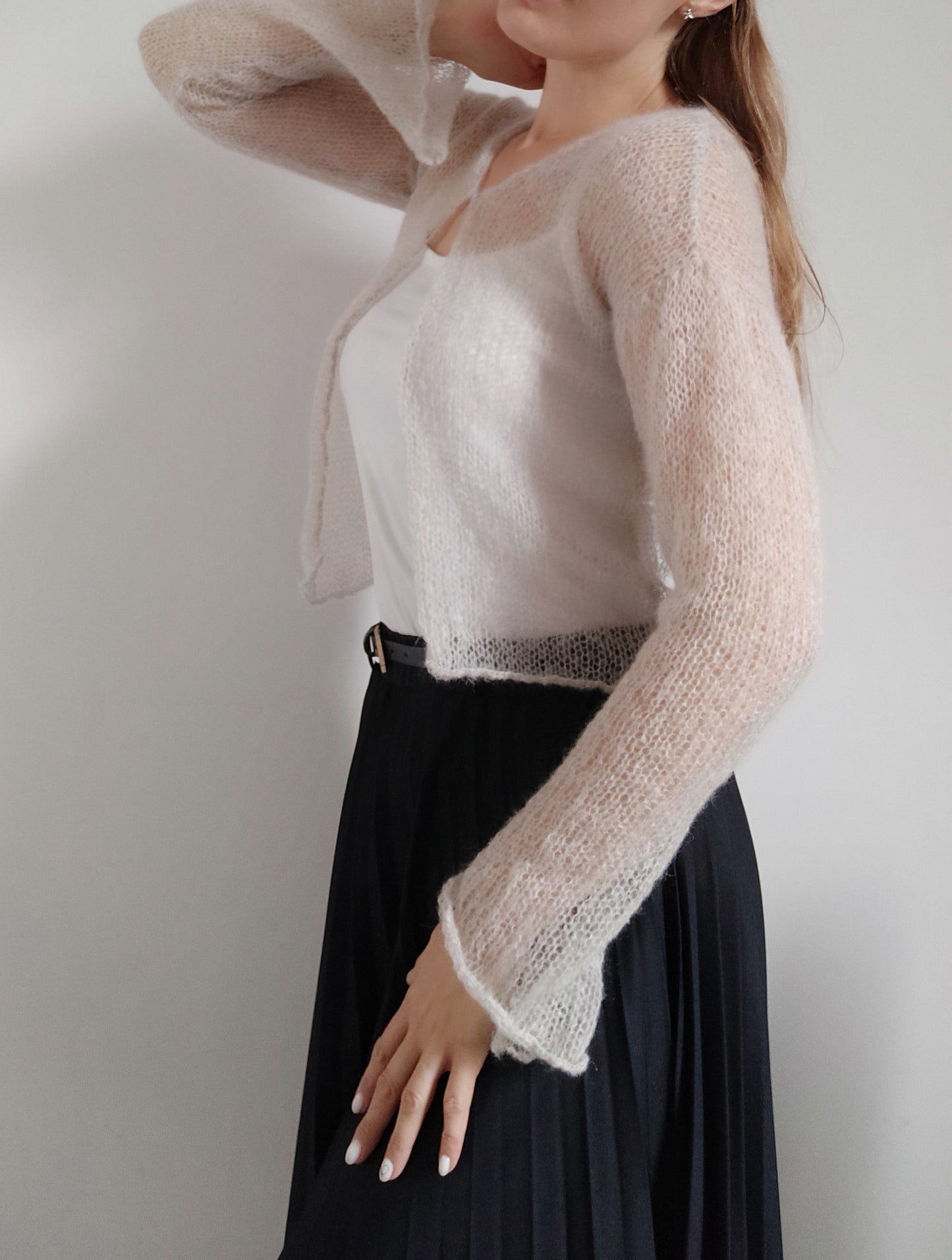 Transparent Lightweight Soft Light Beige Non-itchy Mohair Cardigan Hook and eye closure XXS-XS-S