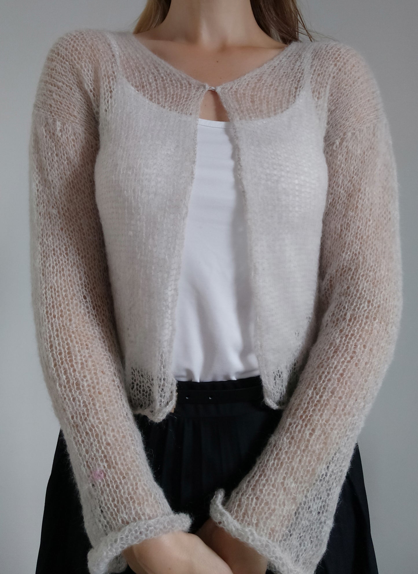 Transparent Lightweight Soft Light Beige Non-itchy Mohair Cardigan Hook and eye closure XXS-XS-S