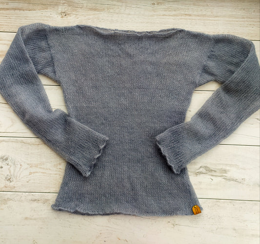 Gray Mohair Silk Sweater: Fitted Lightweight Knit Top XS-S-M