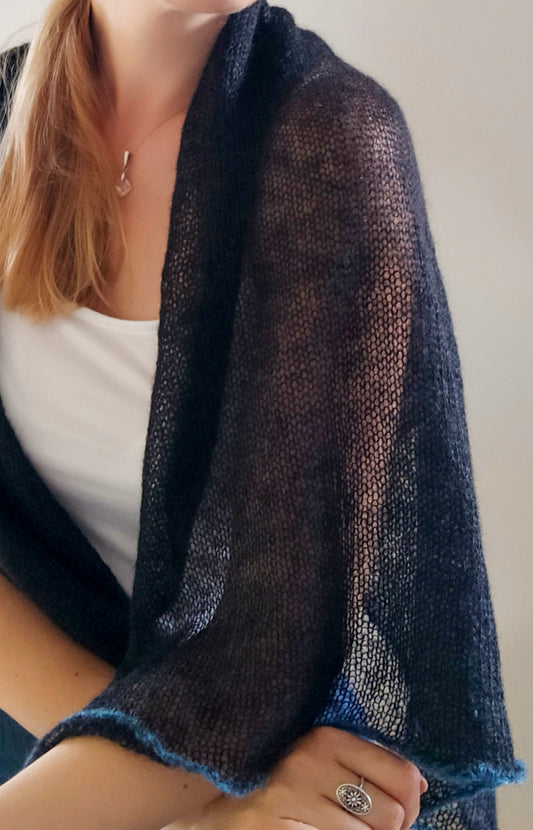 Black mohair scarf light blue decorative edge elegant scarf warm soft lightweight yarn transparent shawl Summer wrap Elegant shawl for going out