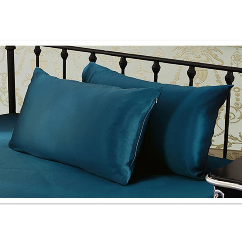 Set of Two 100% Mulberry Silk Pillowcases Peacock Blue Two-sided 19mm