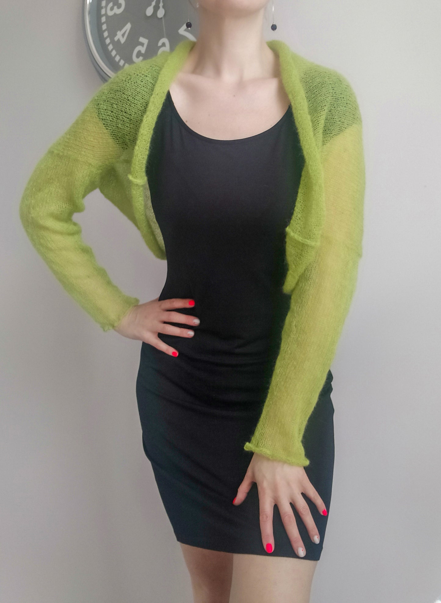 Lime Green Mohair Shrug Lightweight Soft Warm Comfortable for all seasons Long sleeved M size Elegant Cardigan